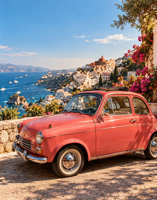 Vintage coral car overlooking the Mediterranean coast — What If You Actually Let Yourself Want It?